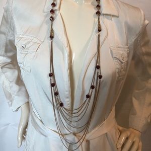 Multi tier layered long necklace chain, red beads, gold dress jewellery,